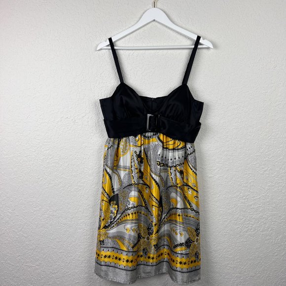 ARDEN B Womens M Silk Black Yellow Gray Print Dress Adjustable Strap Back Zip Up - Picture 2 of 10